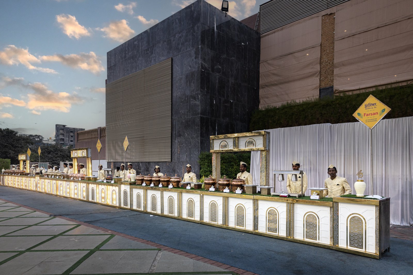 Pure veg luxury night wedding buffet catering setup